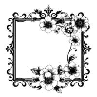 elegant black and white floral frame intricate botanical with anemonelike flowers, ornate scrollwork border, and blank space. vector