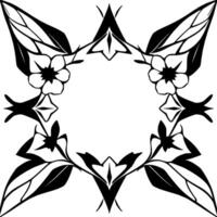 symmetrical black and white floral with four flowers, leaves, and geometric forms, forming a circular frame with central white space. vector