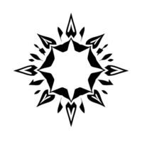 stylized, symmetrical black and white starburst with a central void, featuring pointed shapes and leaflike elements. vector