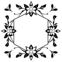 floral hexagon frame black and white symmetrical featuring stylized flowers and leaves, suitable for invitations and elements. vector