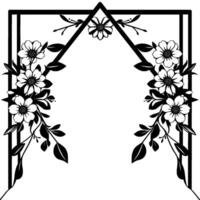 black and white floral arch with stylized daisies and leaves, creating a symmetrical and elegant frame . vector