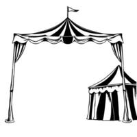 black and white line art of a whimsical circus entry tent with a smaller tent, flag on top, curtains, and a retro . vector