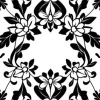 intricate symmetrical floral in black and white, featuring stylized flowers, leaves, and vines forming a circular pattern, creating a modern aesthetic. vector