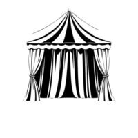 monochromatic circus tent illustration featuring a striped awning and draped curtains, evoking whimsy and performance. vector