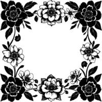 elegant black and white floral border composition with various bloom styles, leaves, and curving vines, creating a decorative frame. vector