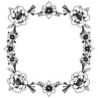 intricate black and white floral frame elegant botanical border with peonies, daisies, and leaves, perfect for invitations and decorative projects. vector