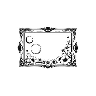 a pen and ink illustration celestial bodies and floral embellishments within an ornate frame, set against a white background.