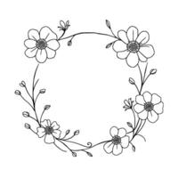 simple black and white floral wreath, delicate handdrawn outline with petals, buds, and vines forming a circular frame. vector