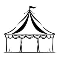 black and white line art of a traditional circus tent, featuring a flag and bunting, perfect for elements. vector