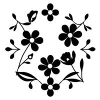 a symmetrical black and white floral featuring various flower types, buds, and leaves arranged in a circular pattern with white background. vector
