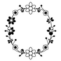 a symmetrical, black and white floral wreath with various flower shapes, leaves and buds, creating a circular border. vector