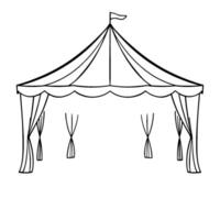 simplified black and white handdrawn illustration of a party tent with draped curtains, a flag, and scalloped edge. vector