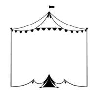 black and white circus tent illustration with a simple , flag on top, and string lights for a decorative element on top. vector