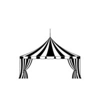 monochrome illustration of a classic striped circus tent with open curtains and central mast, set against a blank white background. vector