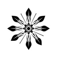 bold black and white floral symmetrical starburst composition with leafy petals and delicate stemlike lines on a white background. vector