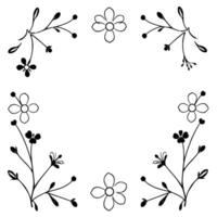 monochromatic floral border delicate black ink drawings of flowers, buds, and branches, arranged in a symmetrical pattern on white. vector