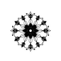 a symmetrical black and white mandala featuring a central flower shape with intricate, flowing petallike elements and a white background. vector