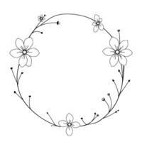elegant minimalist blackline floral wreath with delicate flowers and buds arranged in a circular decorative frame on a white background. vector
