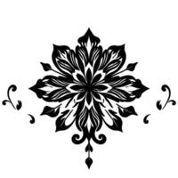 symmetrical black and white floral with intricate petal detail, symmetrical accent elements, centered on a bright white background. vector