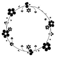 a minimalist, black and white floral wreath , featuring stylized flowers and delicate stems creating a circular frame on white background. vector