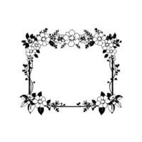 intricate black and white floral frame illustration, symmetrical, elegant, composed of flowers, leaves and branches, with blank center for text. vector