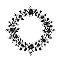 a meticulously drawn monochrome floral wreath, showcasing diverse blossoms and foliage, artfully arranged in a circular composition with crisp lines and delicate shading, set against a stark white bac vector