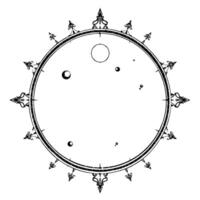 intricate celestial chart featuring stylized solar system with planetary bodies within a decorative, ornate compasslike frame. vector