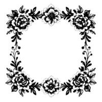 intricate black and white floral border square frame with peonies, leaves, and swirls, isolated on white background. vector