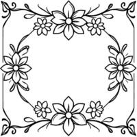 intricate black and white floral frame with varied blooms and delicate vine accents on a square border. vector