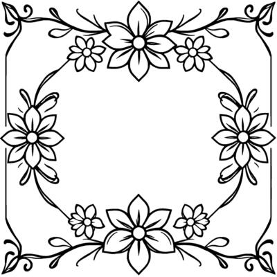 intricate black and white floral frame with varied blooms and delicate vine accents on a square border.