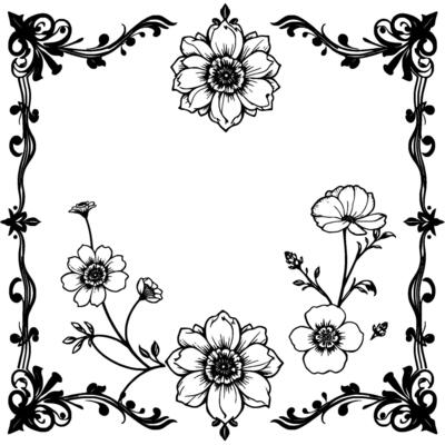 elegant black and white floral frame with detailed flowers, vines, and ornamental border elements, for or decoration.
