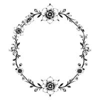 elegant black and white handdrawn floral wreath with detailed botanical illustrations, creating a classic, circular decorative border. vector
