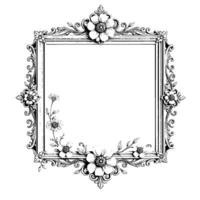 intricate floraladorned grayscale picture frame, featuring detailed illustrations of flowers and ornate scrollwork, set against a stark white backdrop. vector