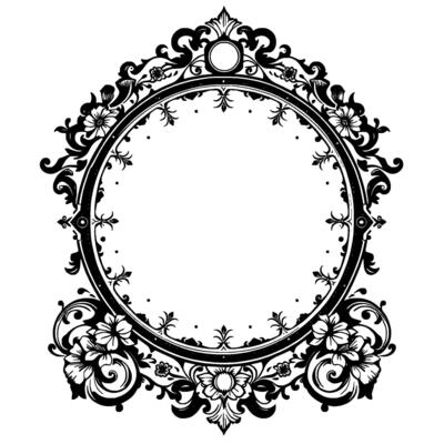 ornate black and white circular floral frame, with elegant elements, perfect for embellishment or decoration.