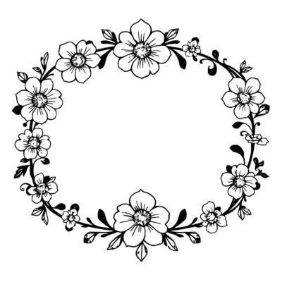 elegant black and white floral oval frame detailed handdrawn of flowers, leaves, and vines, perfect for invitations or embellishments.