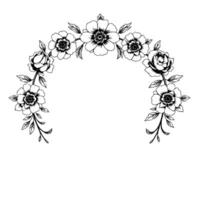 detailed floral arc illustration in black and white, featuring an arrangement of various flowers and leaves creating a delicate, elegant, and botanical . vector