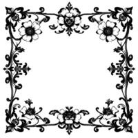 intricate black and white floral frame with detailed flowers, vines, and ornate scrollwork, isolated on white background. vector
