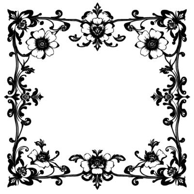 intricate black and white floral frame with detailed flowers, vines, and ornate scrollwork, isolated on white background.