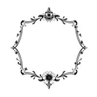 black and white victorianinspired floral frame with octagonal shape, ornamental vines, and delicate butterfly accents on a white background. vector