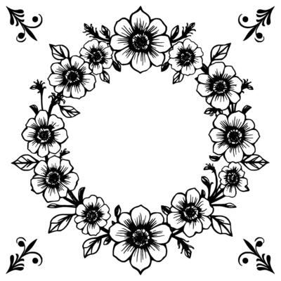 intricate black and white floral wreath border with decorative corners, illustration, botanical elegance, digital art.