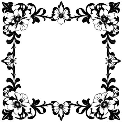 intricate black and white floral frame with elegant corner designs and delicate leafy accents, creating a classic border for decoration.