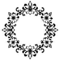 symmetrical black and white floral wreath with intricate petals and leaves, creating a circular frame, isolated on white. vector