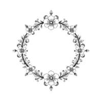 intricate floral frame in black and white, featuring detailed blossoms, elegant vines, and swirls, perfect for invitations and elements. vector