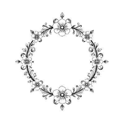 intricate floral frame in black and white, featuring detailed blossoms, elegant vines, and swirls, perfect for invitations and elements.