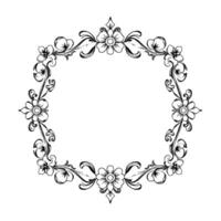 intricate black and white floral frame with handdrawn flowers, curvilinear vines, and decorative details centered on a white background. vector