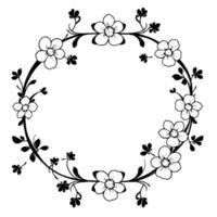circular black and white floral frame with detailed flower and leaf , botanical elements, and empty center for text. vector
