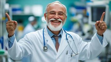 Enthusiastic doctor with a stethoscope points upward smiling in a hospital conveying positivity and expertise in healthcare setting photo