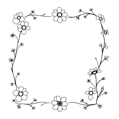 elegant handdrawn floral frame with delicate blooms and graceful vines in a minimalistic black and white , perfect for invitations or decorative purposes.