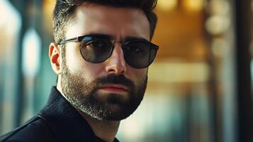 Stylish man with sunglasses gazes confidently showcasing a modern and sophisticated look against a blurred warm backdrop photo