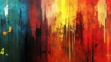 Expressive abstract art featuring blue yellow and red hues blend and drip creating a dynamic textured visual with raw emotions photo